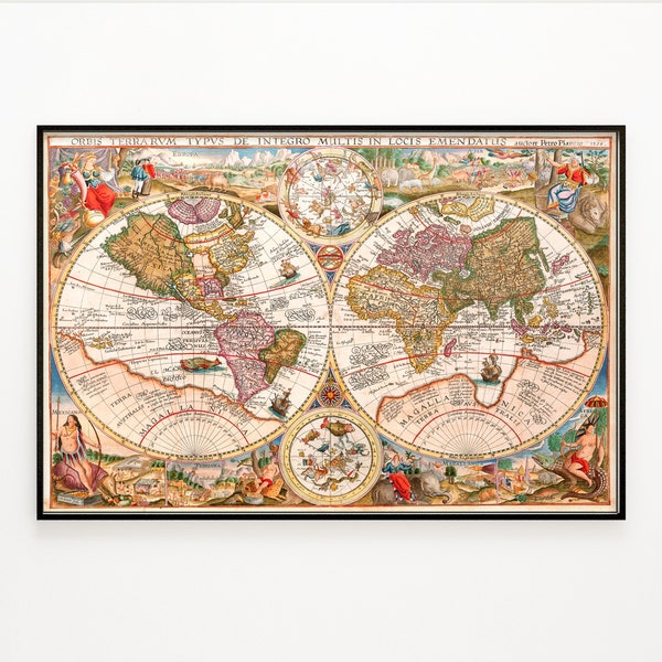 Antique World Map by Petrus Plancius 1594 - Printable File, Digital Wall Art, Vintage Illustration of World Map, Home Office Decor, Old Maps