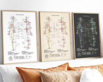 Human Body Meridians, Acupuncture Printable Posters Set of 3, Pressure Points Wall Decor, Chinese Medicine Print, Body Lifelines Chart.