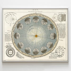 以下が含まれることがあります： 「太陽」と題された、額装されたヴィンテージの天体図。中央に太陽光線模様があり、円形の図とテキストで囲まれています。青、ベージュ、金色の色合いで、クラシックな美学を表現しています。