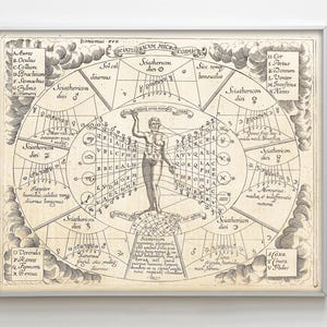 Corps humain et les étoiles, carte de médecine céleste, sagesse astrologique imprimable, carte holistique, gravure de médecine ancienne cosmologie vintage