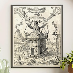 May include: Framed monochrome print featuring a detailed architectural illustration. The artwork shows a complex structure with wheels, wings, and figures, surrounded by text and celestial elements. The print is mounted in a black frame.
