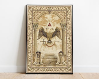 Scottish Rite 32 Degree Masonic Print Freemasonry Grand Lodge Double Eagle Vintage Art Printable Occult Symbolism.