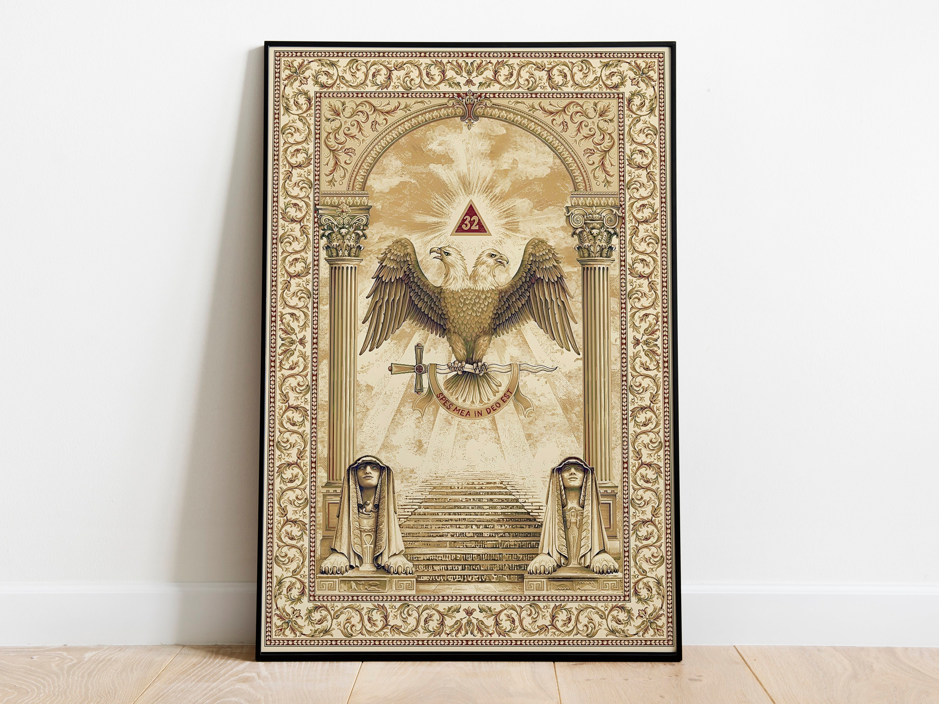 Scottish Rite 32 Degree Masonic Print Freemasonry Grand Lodge Double Eagle Vintage Art Printable Occult Symbolism.