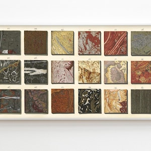 May include: A framed print featuring a collection of sixteen square illustrations of various stone and mineral samples. The samples display a range of colors, including brown, red, yellow, and gray, with unique patterns and textures. The print is mounted in a white frame.