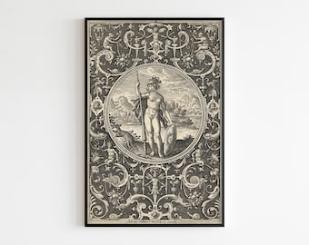 Minerva Göttin, Vintage Kunst von 1605 Grotesker Ornamentrahmen, Göttin der Weisheit und Kunst, Athena Wandkunst, Mythologische Alchemie Druck.
