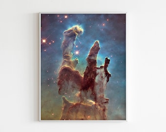 Skapelsens pelare NASA-foto, rymdkonst med örnnebula, väggdekor med kosmisk astronomi, stjärnor i Hubbleteleskopet, djuprymden, museikvalitet.