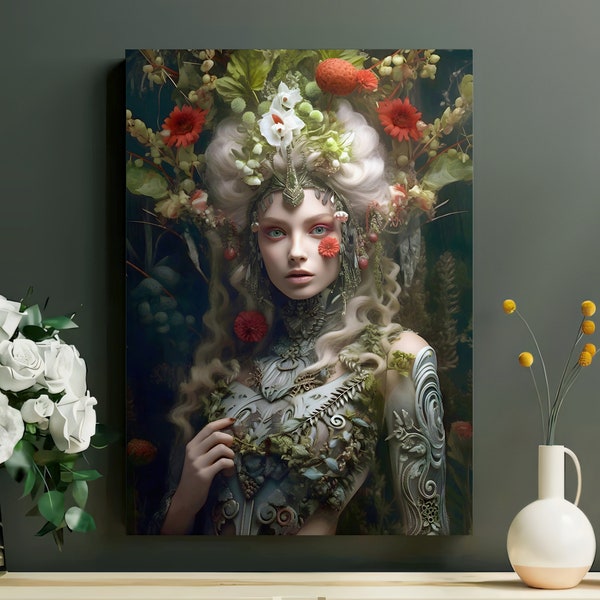 Betoverd koninginportret. Magisch bos. Druïde prinses. Groot formaat afdrukbaar. Sprookjesdecoratie. Digitale download kunst. Boho kunst aan de muur.