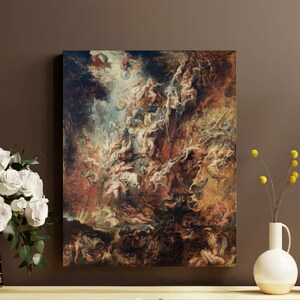 May include: A large, framed canvas print of a classical painting depicting a chaotic scene with numerous figures in shades of brown, red, and blue. The artwork is mounted on a dark brown wall, with a vase of white roses and a vase of yellow flowers in front.