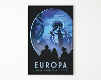 NASA-posters, Visit Europa - afdrukbaar bestand, digitale kunst aan de muur, vintage illustratie van de ruimtevaart, Home Office Decor, retro posterbestand