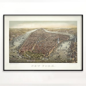 Vintage kaart van New York 1873 - afdrukbaar bestand, digitale muurkunst, illustratie oud New York, antieke stadskaart NYC, historisch decor van New York