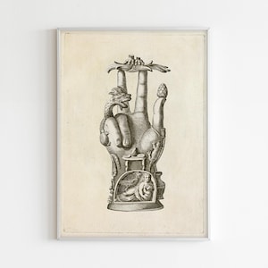 May include: A black and white illustration of a hand with a dragon, a flower, and a person on top. The hand is stylized and appears to be made of stone.