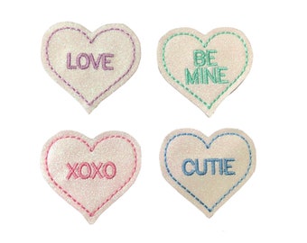 Valentine's Day Candy Hearts White Glitter Felties,  Headband, Hair Bow, Badge Reel, Single, Double, Set of 4, Cut, Uncut or Velcro Added.