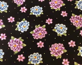 Blue & Purple Floral  Cotton Fabric with Gold Highlights, Gold Metallic Dots, 1/4 yard, 1/2 yard, By the Yard, Quilting Cotton, Mask Fabric