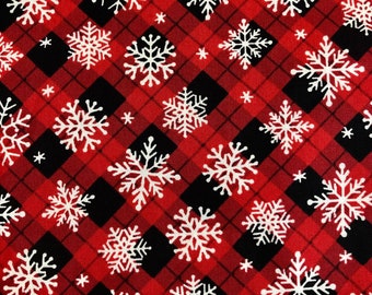 White Snowflake on Plaid, 100% Cotton Fabric, Sold by the 1/2 yard, Red Holiday Christmas Fabric, Quilting and Craft Fabric
