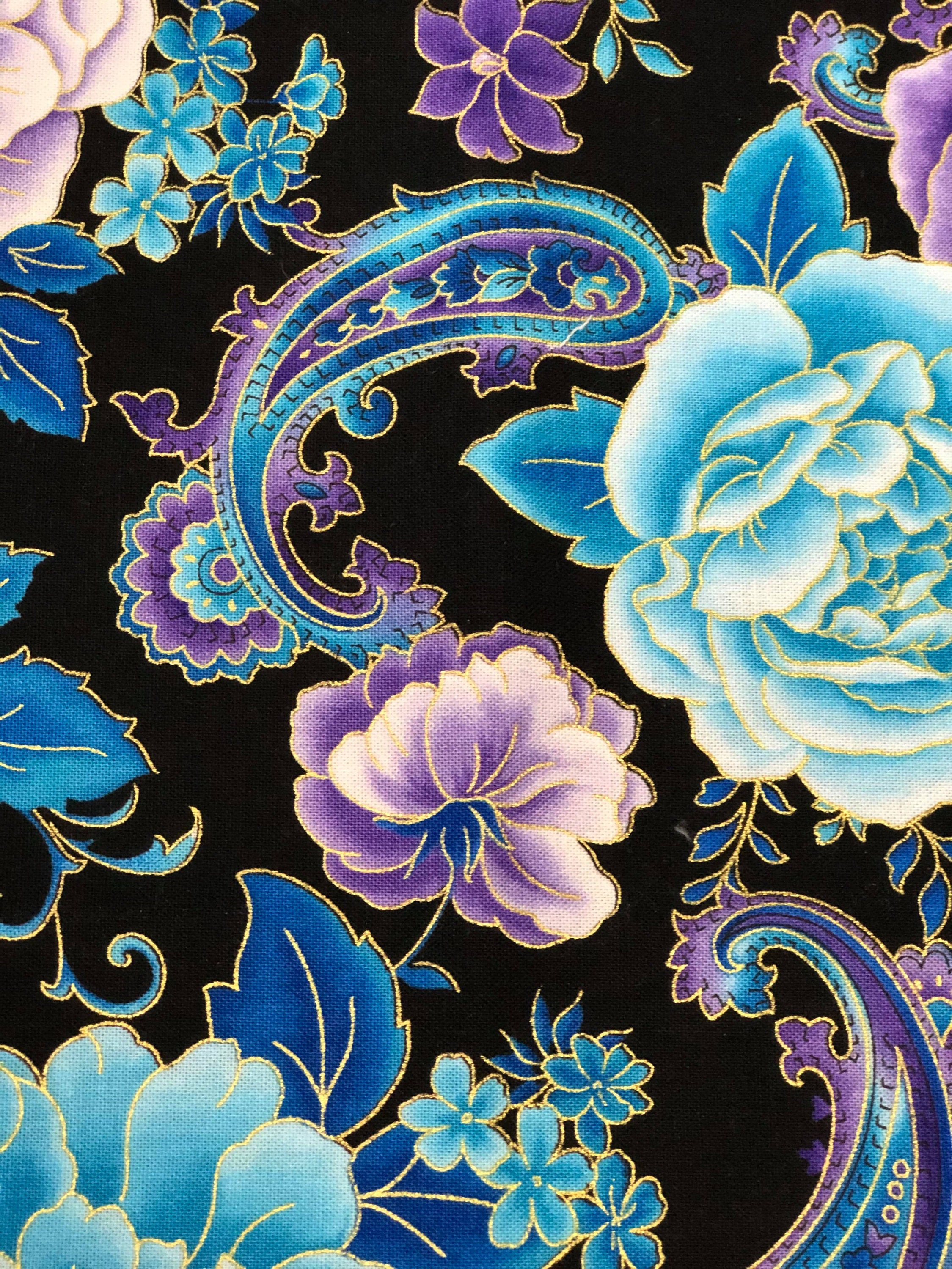 Blue Floral Paisley Cotton Fabric with Gold Highlights, Hi