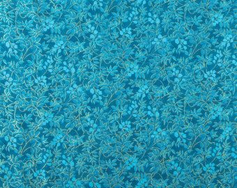 Turquoise Metallic Leaf Cotton Fabric, Quilting Cotton,  1/4 yard, 1/2 yard, By the Yard, Craft & Mask Fabric