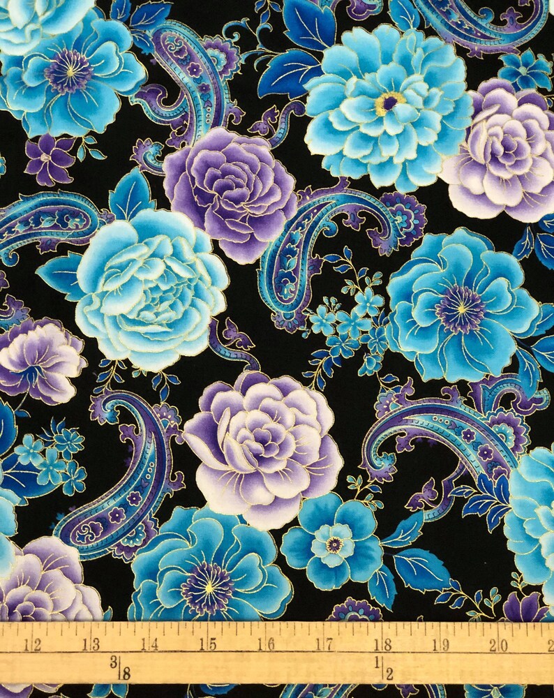 Blue Floral Paisley Cotton Fabric With Gold Highlights Hi | Etsy