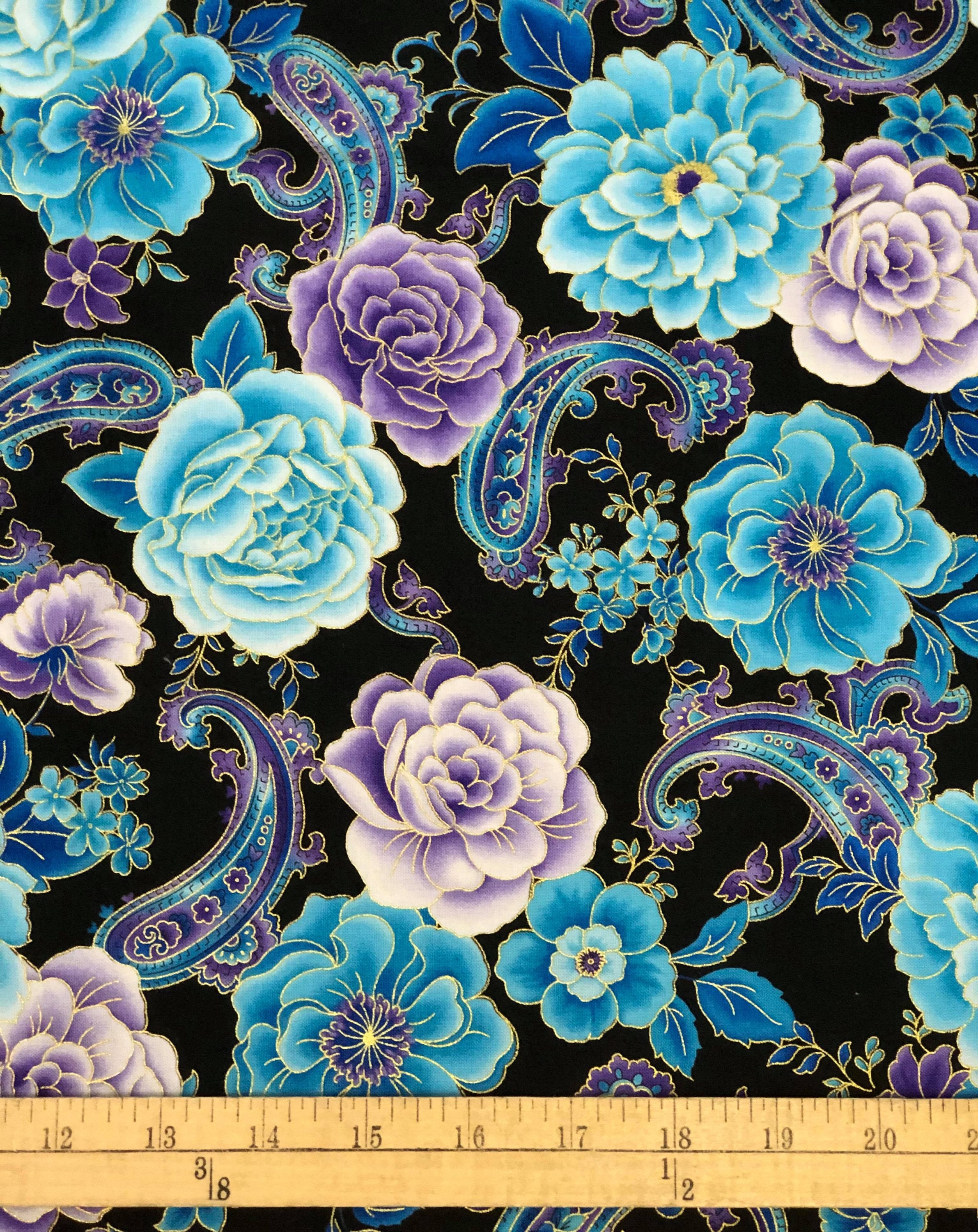 Blue Floral Paisley Cotton Fabric with Gold Highlights, Hi