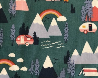 Mod Camper Fabric, Mountain Camping 100% Cotton, Sold  By the 1/2 Yard, Quilting, Apparel, Craft Cotton
