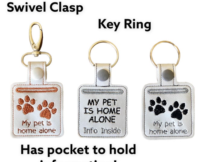 Featured listing image: Pet Home Alone Key Chain, Pet Lovers Marine Vinyl Key Fob, Snap Tab, Embroidered Pet Alert Key Chain, Stocking Stuffer Gift.