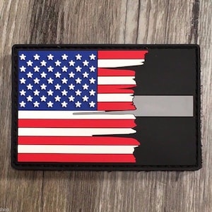 Tattered American Flag Thin Silver Line PVC Patch