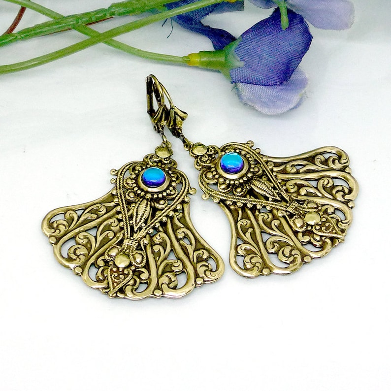 Victorian large dangle earrings Antique teardrop fan earrings Chandelier blue earrings Edwardian long gold earrings Blue boho earrings