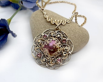 Victorian style brass filigree flower pendant Art deco Swarovski Rosa crystal necklace pendant Art Nouveau filigree crystal pendant