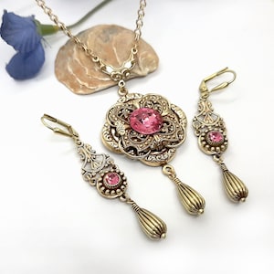 Victorian style brass jewelry set Filigree Swarovski crystal jewelry set Swarovski Rose crystals drop earrings and pendant necklace