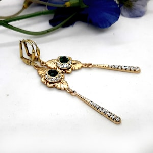 Art Deco long dangle drop green earrings Victorian long wedding gold dangle drop crystals earrings