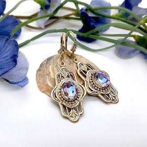 Victorian style filigree earrings Art Nouveau crystal dangle drop earrings Brass Art Deco style crystal drop long earrings