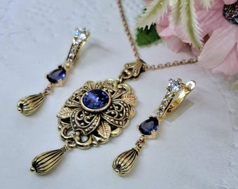 Victorian Brass Jewelry Set: Filigree Tanzanite Crystal Necklace and Earrings