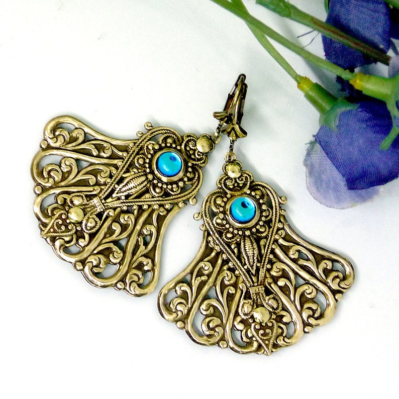 Victorian large dangle earrings Antique teardrop fan earrings Chandelier blue earrings Edwardian long gold earrings Blue boho earrings