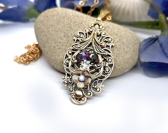 Victorian style jewelry Filigree flower layering pendant with Swarovski crystal Antique gold Art deco  necklaces pendant