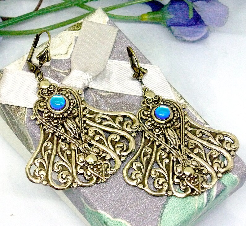 Victorian large dangle earrings Antique teardrop fan earrings Chandelier blue earrings Edwardian long gold earrings Blue boho earrings