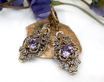 Victorian Gold Filigree Earrings: Art Nouveau Purple Crystal Dangle