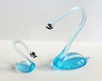 Original Murano Glass Swan Mini Figurines, Venetian Murrina Blue and Black Glass Bird Pair of Miniatures, Mother and Baby