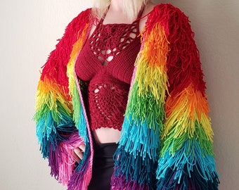 Rainbow Fringe Festival Jacket, Crochet Bohemian Shaggy Cardigan