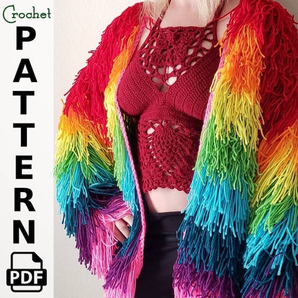 MUSTER: Regenbogen Fransen Jacke Häkelanleitung Boho Festival Strickjacke (PDF-Muster)