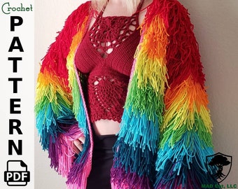 Pattern - Rainbow Fringe Festival Jacket Crochet Pattern, Bohemian Shaggy Cardigan, Unicorn Pride Hippie Rave Duster Pattern