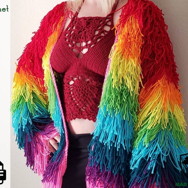 Muster – Häkelmuster für Festival-Jacke mit Regenbogenfransen, zotteliges Boho-Cardigan, Einhorn-Pride-Hippie-Rave-Duster-Muster