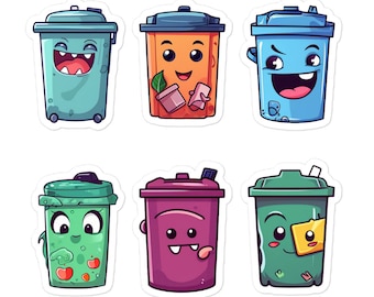 Cute Trash Can Stickers, Kawaii Fun Cartoon Garbage Bin Stickers