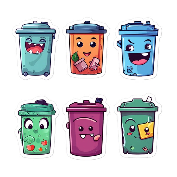 Cute Trash Can Stickers, Kawaii Fun Cartoon Garbage Bin Stickers