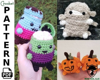 Pattern - Halloween Amigurumi Patterns, Plushie Stuffed Animal - Set of 3: Frankenstein's Monster/Zombie, Mummy, Jack-'O-Lantern/Pumpkin