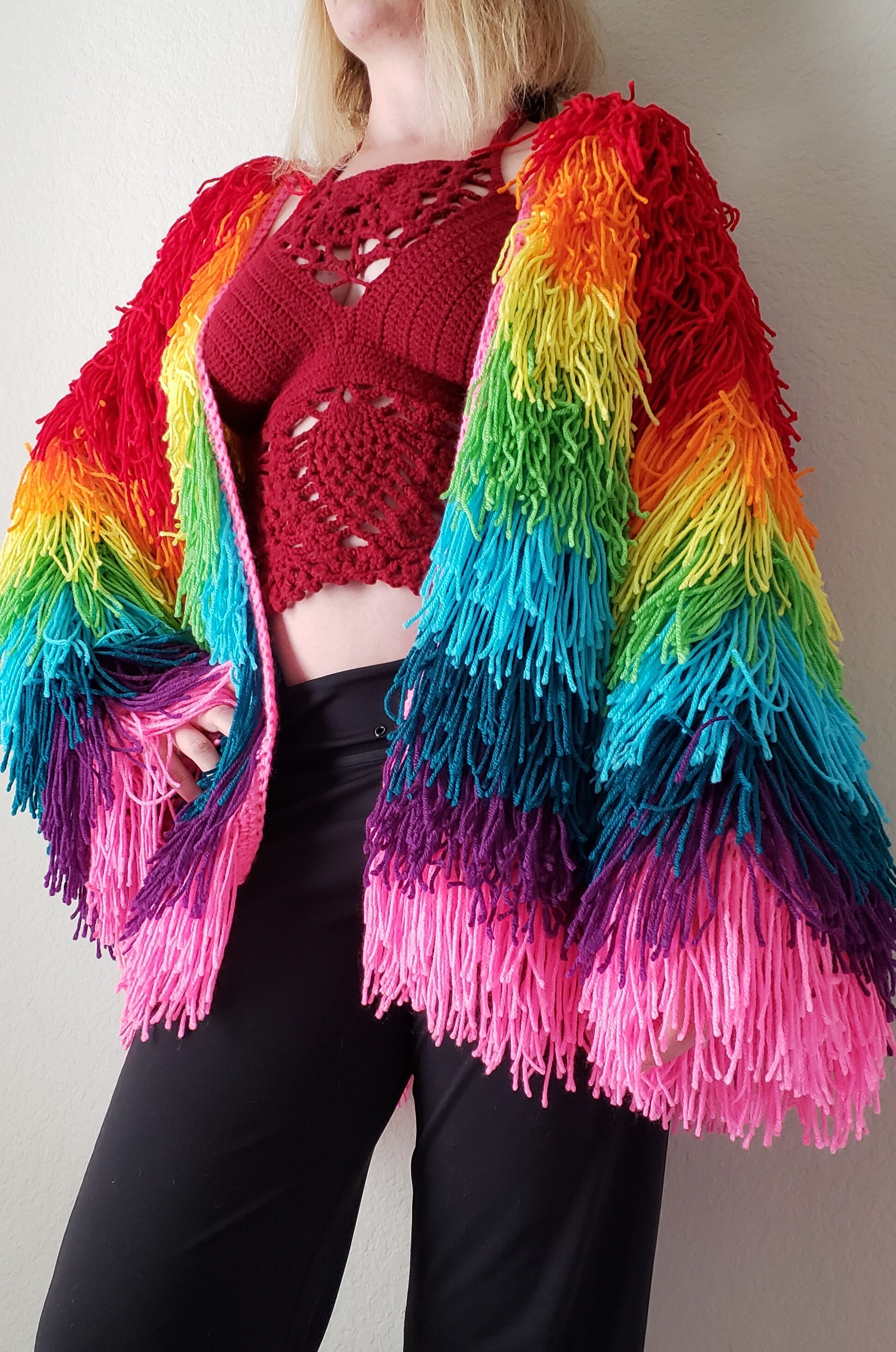 Rainbow Fringe Festival Jacket Crochet Bohemian Shaggy Cardigan Unicorn Pride Hippie Rave Duster Etsy Ireland