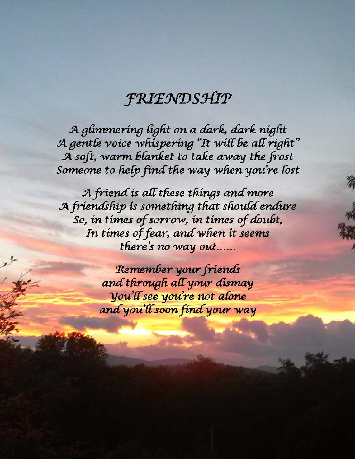 Friendship Poem Unframed Wall Art Sunset View Image 5x7 Print Gift ...