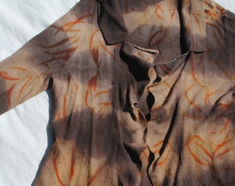 Large pure wool cardigan // eco print natually dyed orange and brown