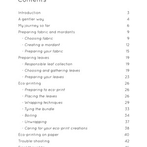Peut inclure: Table des mati&egrave;res d'un livre sur l'&eacute;co-impression, une technique de teinture naturelle utilisant des plantes. Le livre couvre des sujets tels que le choix du tissu, la pr&eacute;paration des feuilles et les techniques d'&eacute;co-impression.