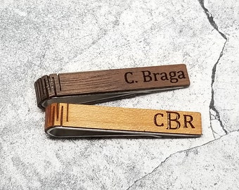 Wood Tie Clip Engraved With Name, Initials, personalized with your own text, wedding anniversary, groomsmen gift, mens gift, Fathers Day