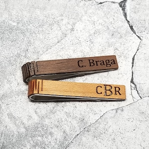 Wood Tie Clip Engraved With Name, Initials, personalized with your own text, wedding anniversary, groomsmen gift, mens gift, Fathers Day