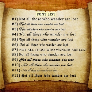 May include: A scroll-like image shows a font list with the phrase "Not all those who wander are lost" in different fonts. The text is black, with the title "FONT LIST" at the top.